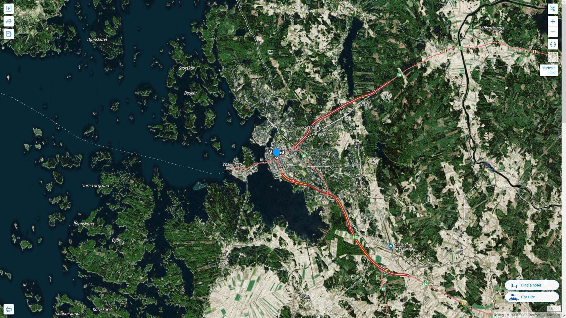 Vaasa Finlande Autoroute et carte routiere avec vue satellite